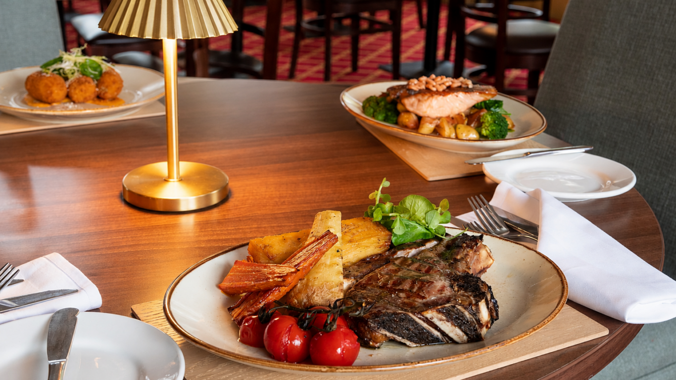 steak dish without the glasses and table number